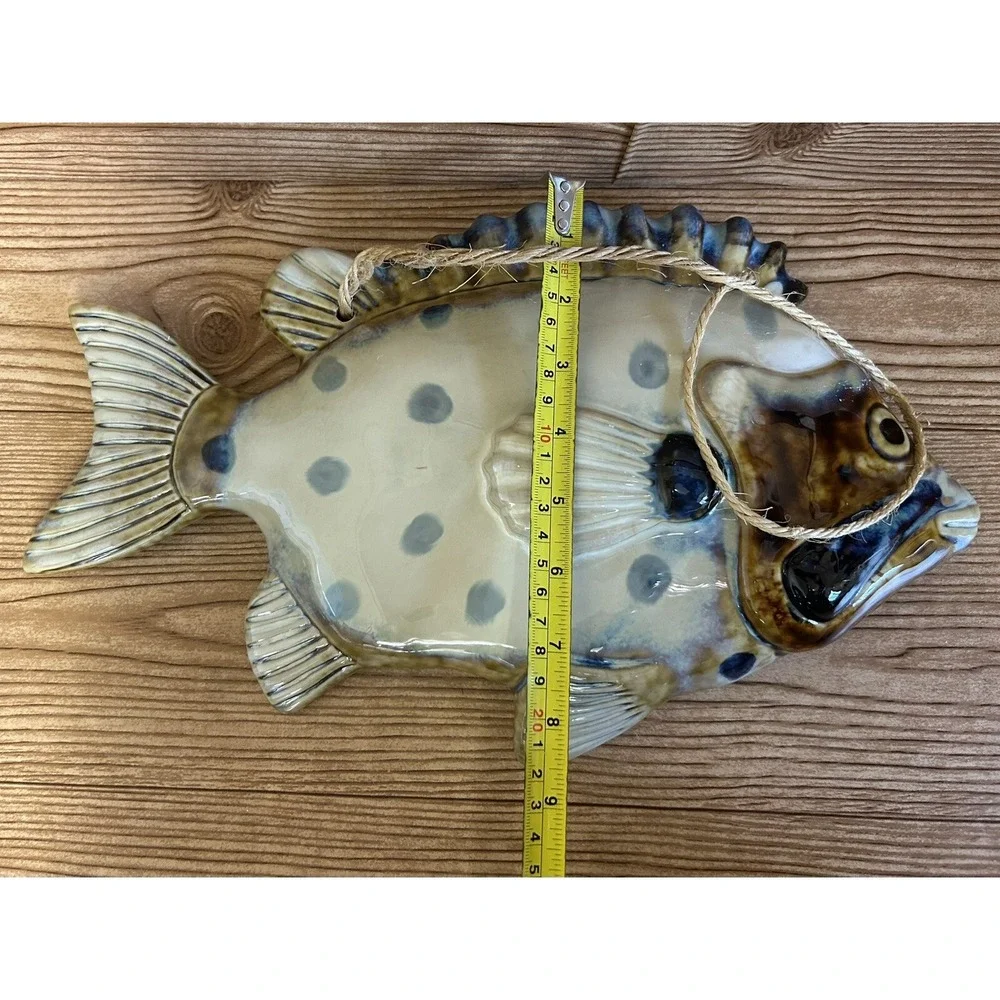 Ceramic Glazed Fish Wall Hanging Beige Brown Blue Polka Dots 14.5